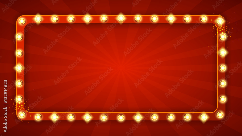 Red rectangular retro frame with glowing lamps. Vector illustration with shining lights in vintage style. Label for winners of poker, cards, roulette and lottery. - obrazy, fototapety, plakaty 