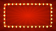 Red rectangular retro frame with glowing lamps. Vector illustration with shining lights in vintage style. Label for winners of poker, cards, roulette and lottery.