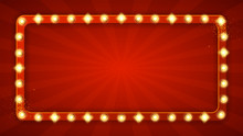 Red Rectangular Retro Frame With Glowing Lamps. Vector Illustration With Shining Lights In Vintage Style. Label For Winners Of Poker, Cards, Roulette And Lottery.