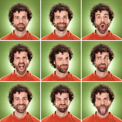 caucasian curly hair brunette man square collection set of face