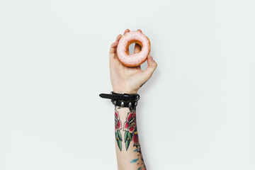 Wall Mural - Tattoo Woman Dounut Doughnut Dessert Pastry Concept