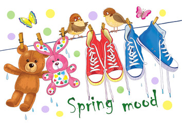 Two pairs of sneakers hanging on the rope and cute sparrows. Illustration for children