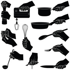 Wall Mural - Hands with kitchen tools collection - vector silhouette illustration