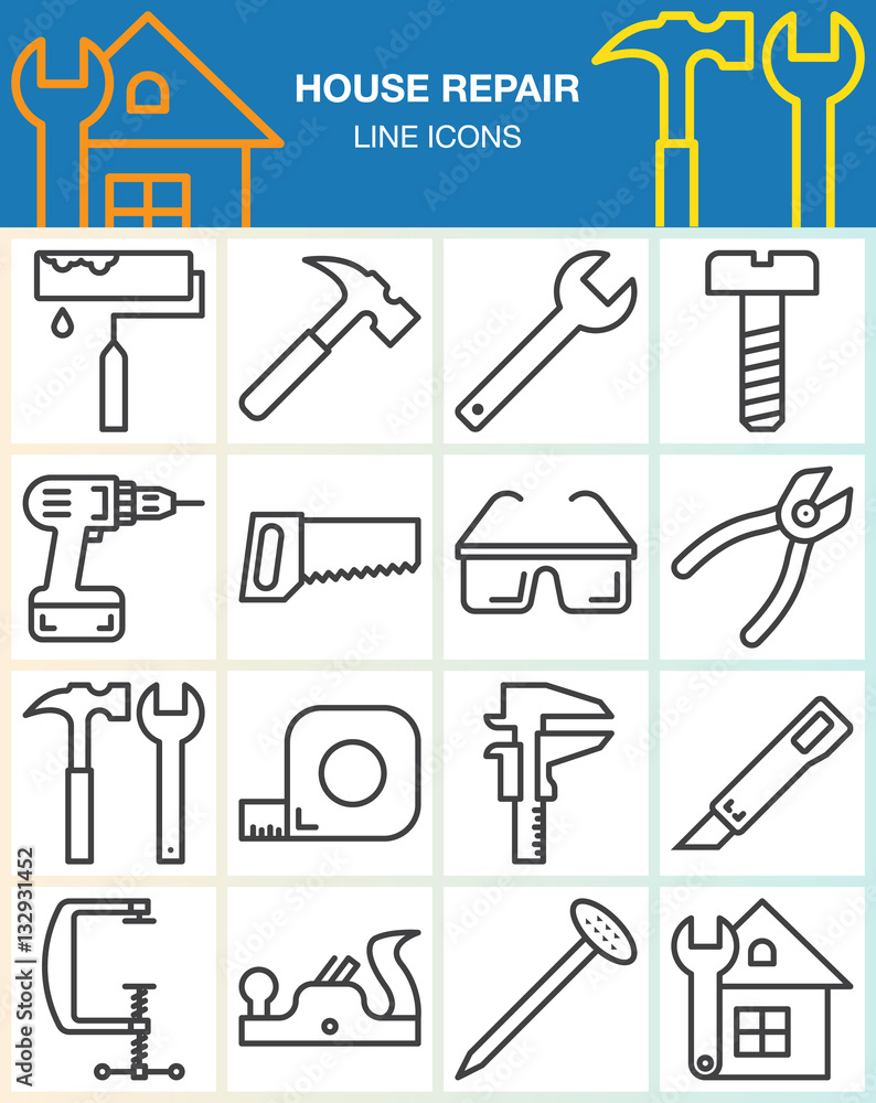 House repair and construction line icons set. Hand tools for home ...