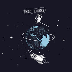 Wall Mural - astronaut flying with rocket around earth