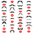 Set of mustache and women s red lips