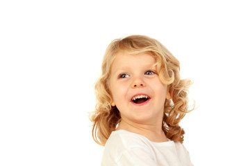 Wall Mural - Portrait of playful small kid with long blond hair