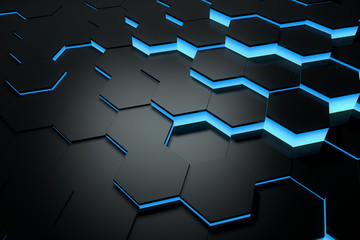 Wall Mural - Glowing blue hexagon pattern background. 3D rendering