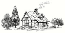 Hand Drawn Vector Illustration - Thatched Roof Stone Cottage In