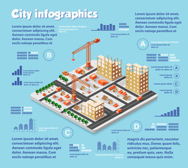 Isometric city map industry infographic set, with transport, architecture, graphic design elements. Urban information concept template with statistical icons, charts, diagrams in flat colors