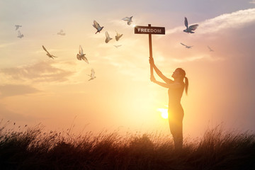 Canvas Print - Woman holds a sign with word freedom and flying birds on sunset