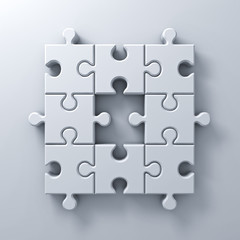 Aufkleber - White jigsaw puzzle pieces one missing concept on white wall background with shadow 3D rendering