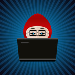 hacker with red cap computer man behind laptop working icon eps10
