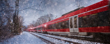 Red Train Speeding In The Snow
