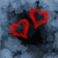 two red flying hearts made of smoke over cloud background