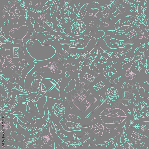 Cotton fabric Hand drawn Valentine's Day seamless pattern
