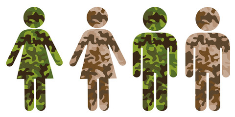 Symbol of man or woman as soldier and combatant of armed force. Wearing camouflage uniform and military service in army.