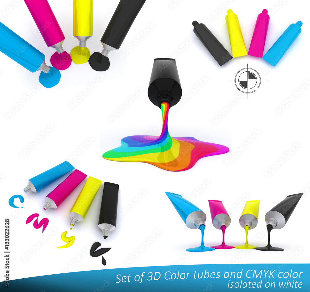 Set of 3D illustrations of tubes with paint in cmyk colors. Ideal ...