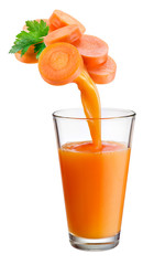 Wall Mural - Fresh juice pours from carrot into the glass isolated on white b