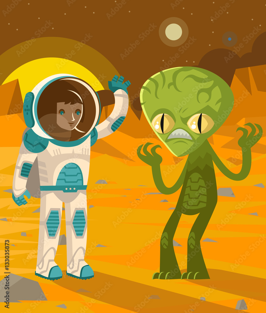 astronaut on mars wavin a green reptile martian lifeform alien Stock Vector  | Adobe Stock, image size:850x1000