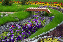 Natural Landscaped Garden Decorated By Colorful Assorted Bright Flowers And Small Wooden Bridge. Summer Background.