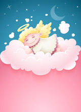 Pretty Angel Baby Sleeping At Cloud