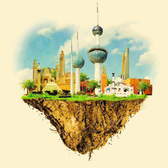 Wall Mural - KUWAIT city on floating land vector water color illustration