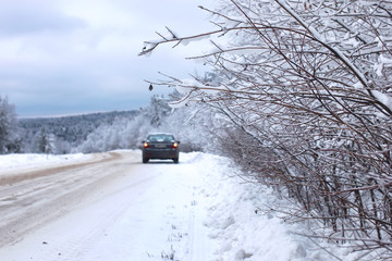 landscape Road in the winter forest with snow covered