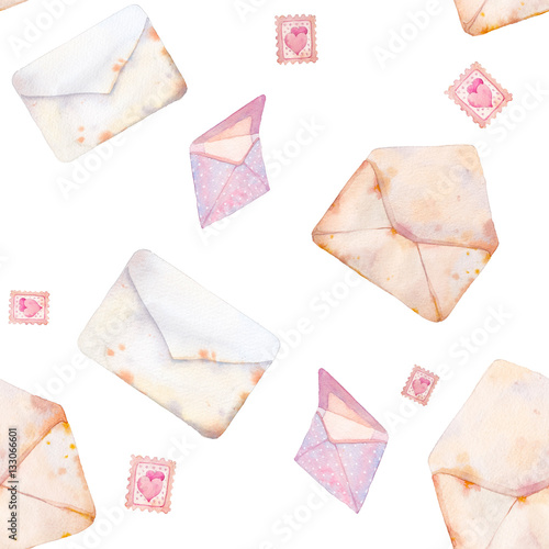 Cotton fabric Watercolor Valentine's day seamless pattern with romantic post cards. Hand drawn texture with vintage envelope on white background.