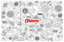 Hand Drawn Set Of Chinese Food Doodles With Red Lettering In Vector