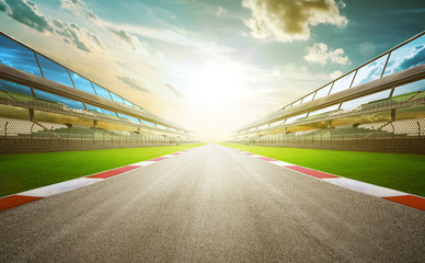 Wall Mural - View of the infinity empty asphalt international race track, digital imaging recomposition montage background . evening scene .