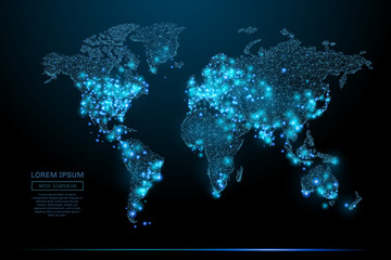 Fototapete - Abstract image of a world map in the form of a starry sky or space, consisting of points, lines, and shapes in the form of planets, stars and the universe. World vector wireframe concept.