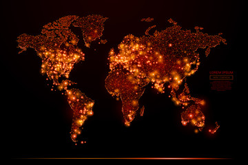 Aufkleber - Abstract mash line and point world map in flames style on dark background with an inscription. World map of a starry sky or space, consisting of stars and the universe. Vector illustration