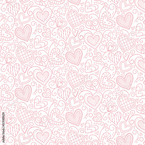 Pink doodle hearts background. Editable vector seamless pattern.