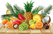 Tropical fruits collection on a wooden surface