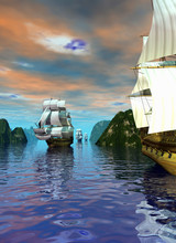 Alcune Navi Pirata Entrano Nella Baia Navigando Su Un Mare Calmo