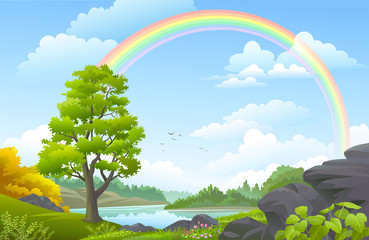 Wall Mural - rainbow over a landscape with forest, meadows, hills and a river