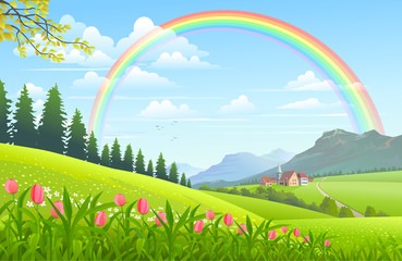 Wall Mural - rainbow over a lovely village
