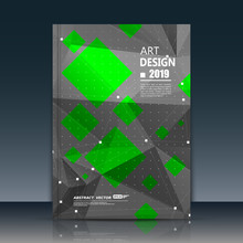 Abstract Composition. Green, Black Font Texture. Perforated Dot Construction. Square Block. A4 Brochure Title Sheet. Creative Figure Icon. Commercial Logo Surface. Pointed Banner Form. Flier Fiber.