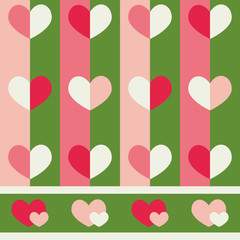 Vector pattern with hearts, pink and green stripes.