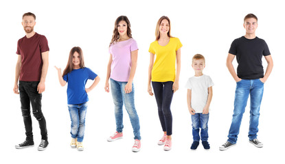 Canvas Print - Young people wearing different t-shirts on white background