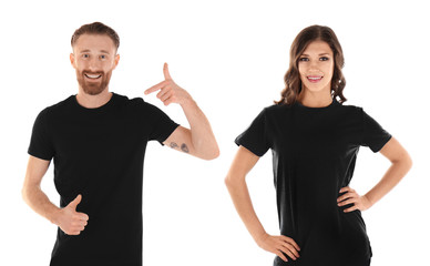 Wall Mural - Young people wearing t-shirts on white background