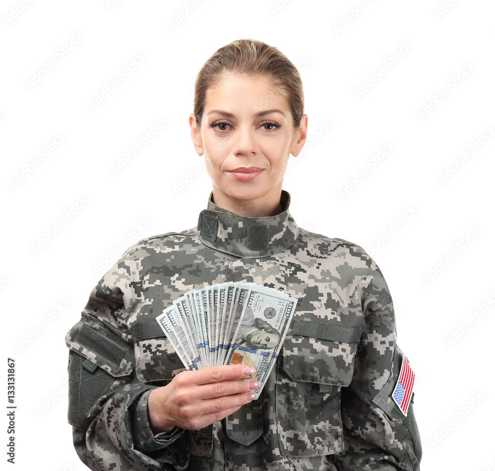 Female soldier with dollar banknotes on white background