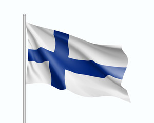 Waving flag of Finland state. Illustration of European country flag on flagpole. Vector 3d icon isolated on white background