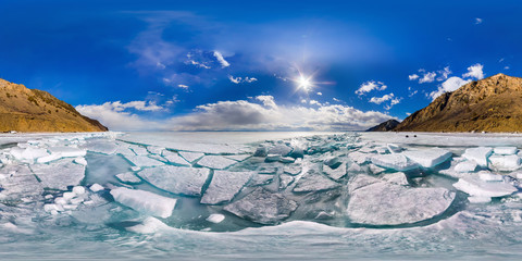 Wall Mural - spherical panorama of 360,180 degrees Baikal ice hummocks in Olk