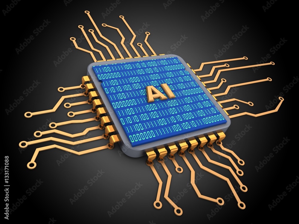 3d illustration of microchip over black background with AI sign and ...