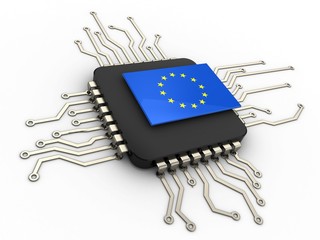 3d illustration of computer chip over white background with EU flag