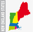 Colorful New England States administrative and political vector map