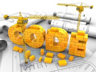 3d illustration of code sign over drawing rolls background with crane