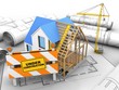 3d illustration of house construction over house plan background with crane